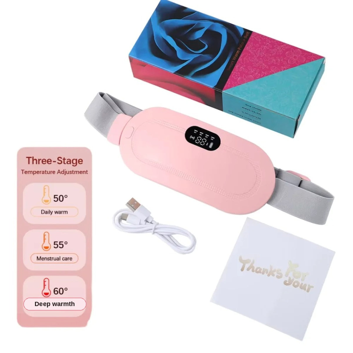 WarmCore Pro belt with its gift box, USB cable and the three heat settings