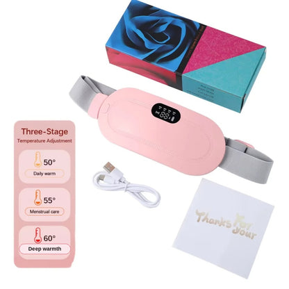WarmCore Pro belt with its gift box, USB cable and the three heat settings
