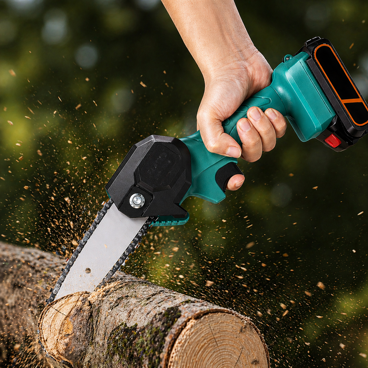 Portable Chainsaw cutting through a log