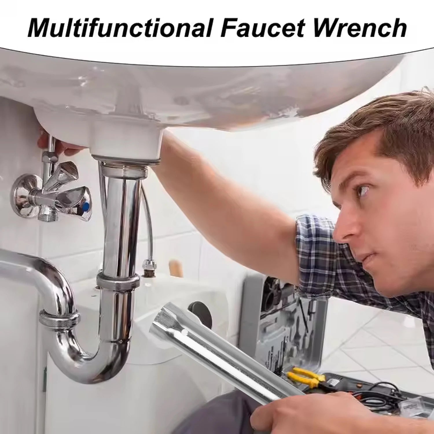 Wrench being used on a drain nut