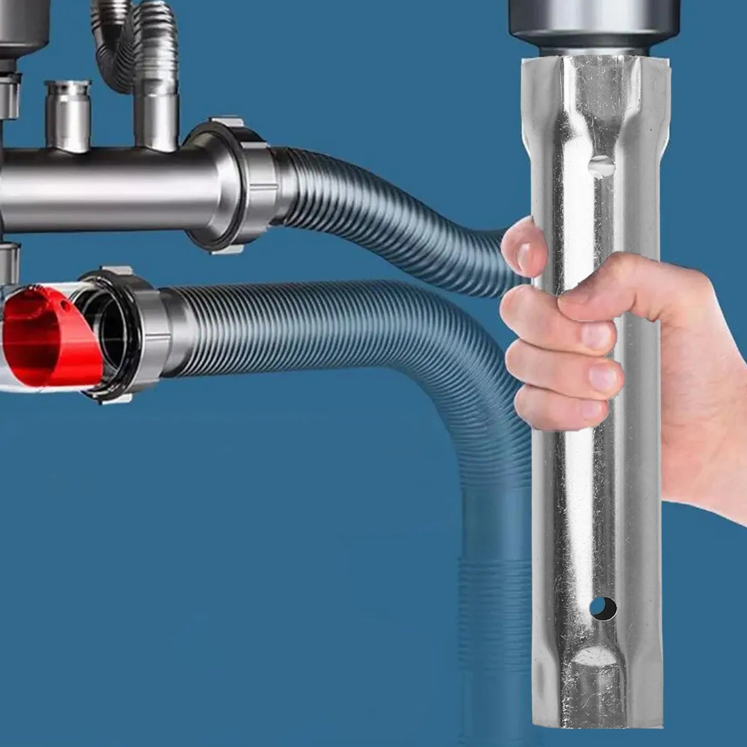Wrench gripping a faucet nut under a sink