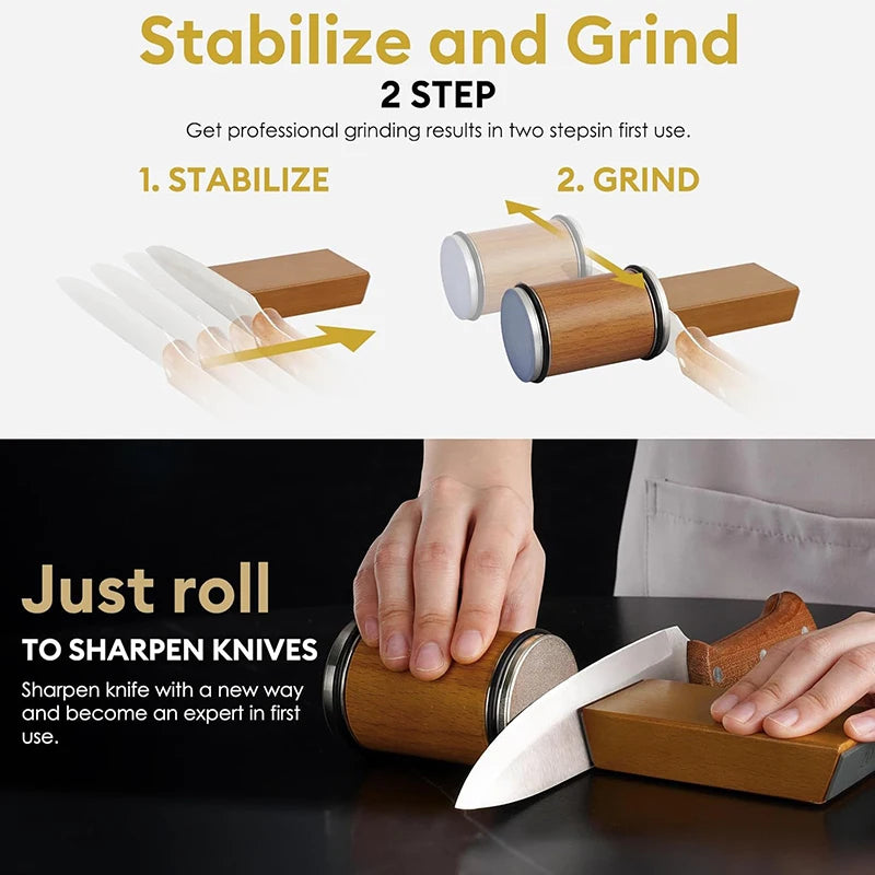 Rolling knife sharpener in use on a kitchen counter