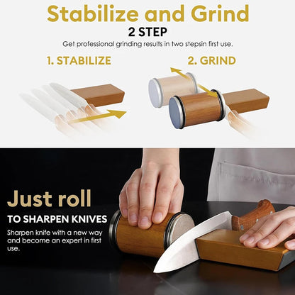 Rolling knife sharpener in use on a kitchen counter