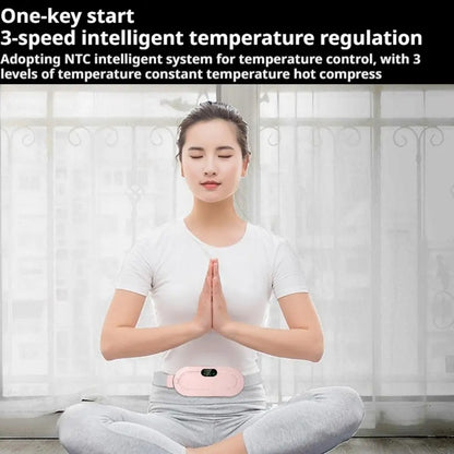 Woman wearing the WarmCore Pro belt over her lower belly, three temperature settings