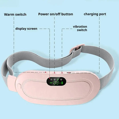 WarmCore Pro controls: heat button, display screen, power button, vibration button and charging port