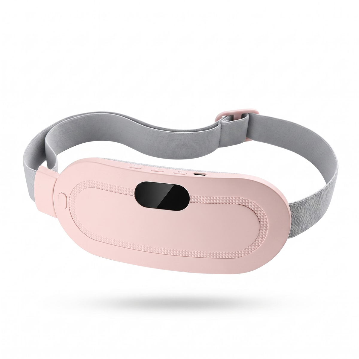 WarmCore Pro cordless heated belt, pink pad with grey elastic strap, on a white background