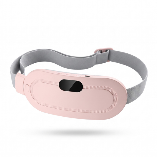 WarmCore Pro cordless heated belt, pink pad with grey elastic strap, on a white background
